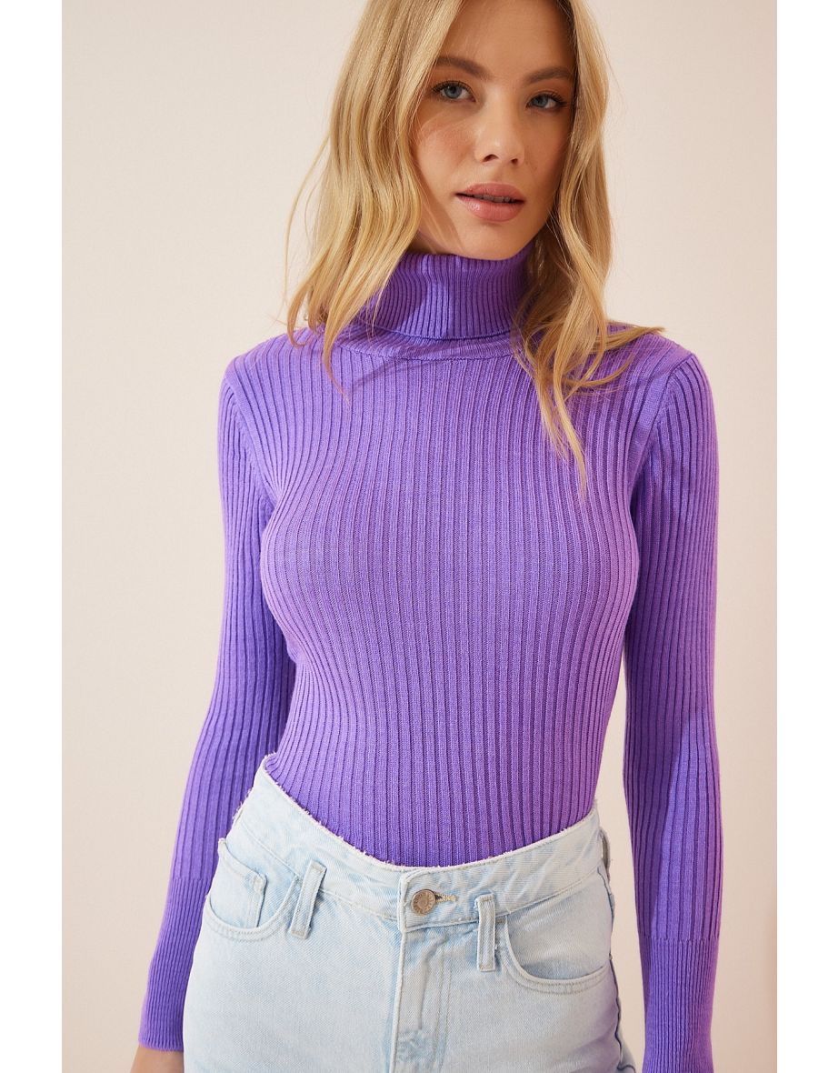 Women's Lilac Neck Ribbed Lycra Sweater