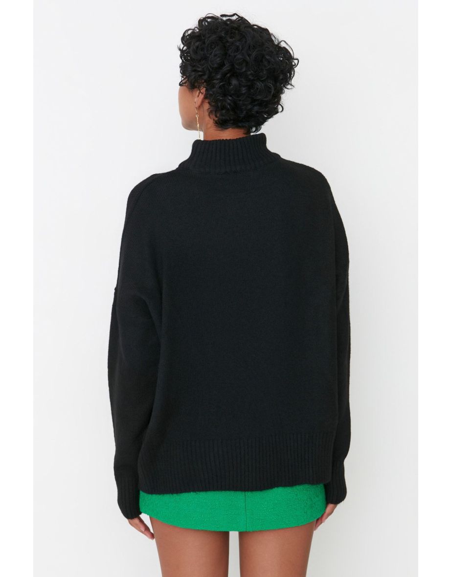 Black Wide Fit Soft Textured Standing Collar Knitwear Sweater - 7