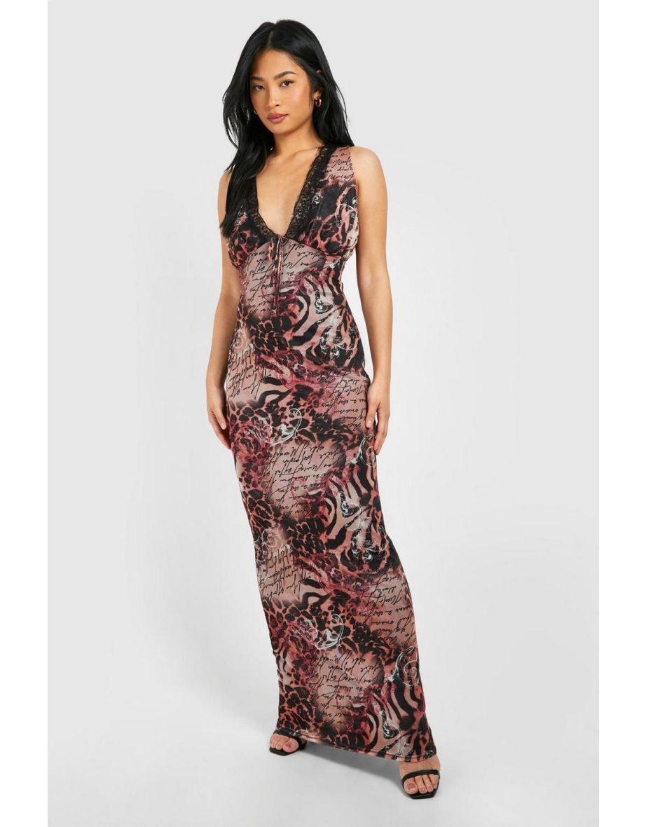 Petite Animal Lace Tie Front Plunge Mesh Maxi Dress - natural
