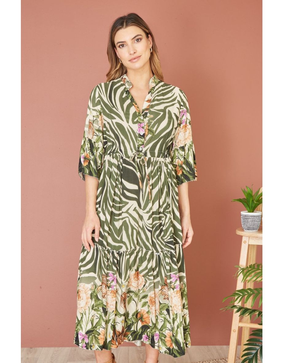 Yumi Green Viscose Zebra And Floral Print Midaxi Dress
