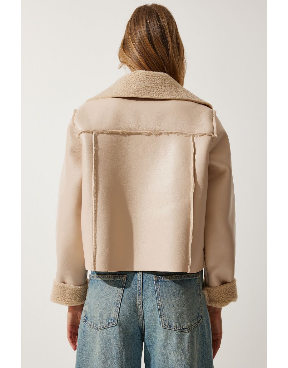 Women's Cream Fur Collar Wide Pocket Faux Leather Jacket - 4