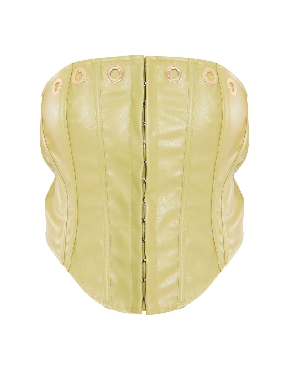 Plus Olive Faux Leather Eyelet Detail Boned Hook And Eye Corset - 4
