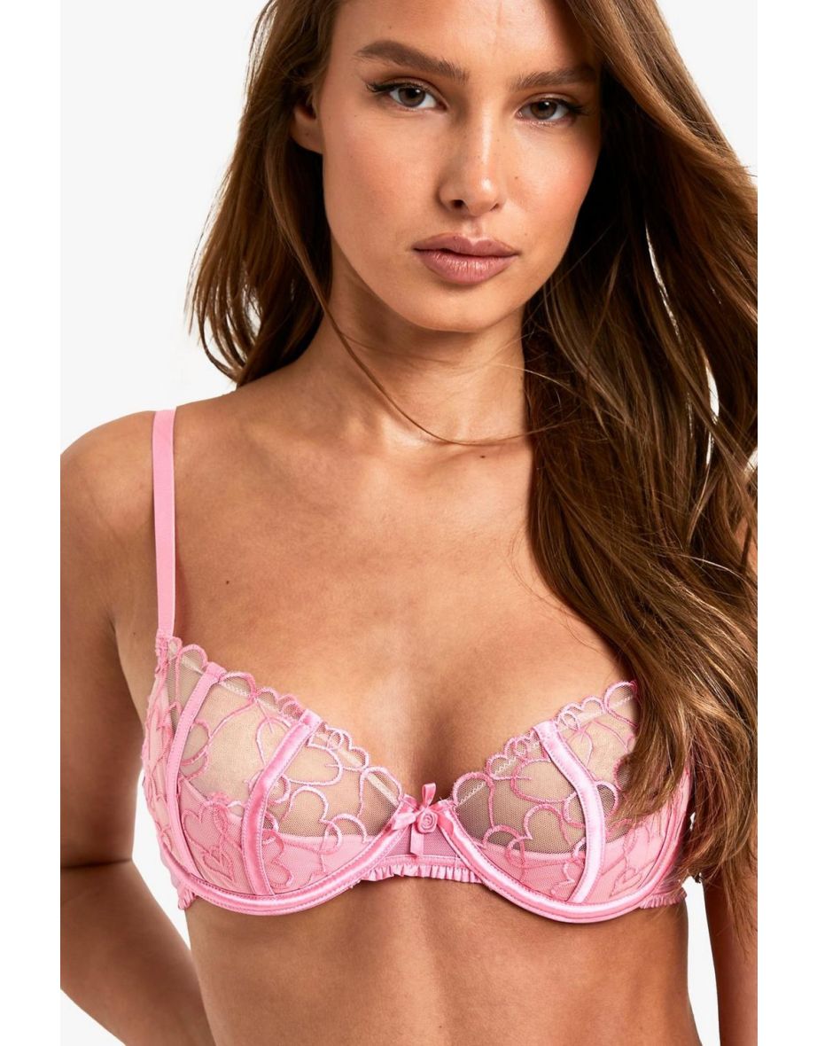 Valentines Heart Embroidered Quarter Cup Balconette Bra - pink - 2