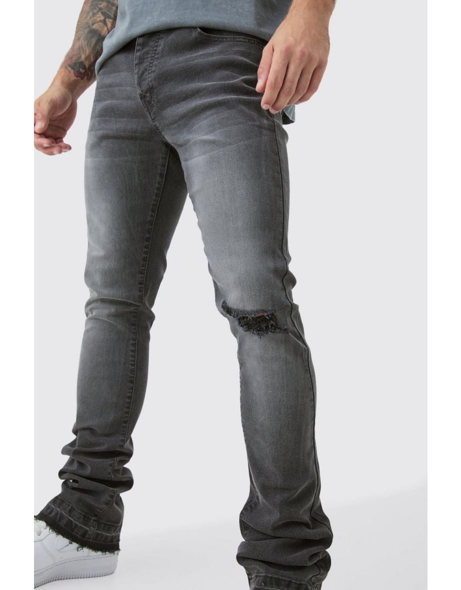Skinny Stacked Flared Jeans With Knee Rip - charcoal