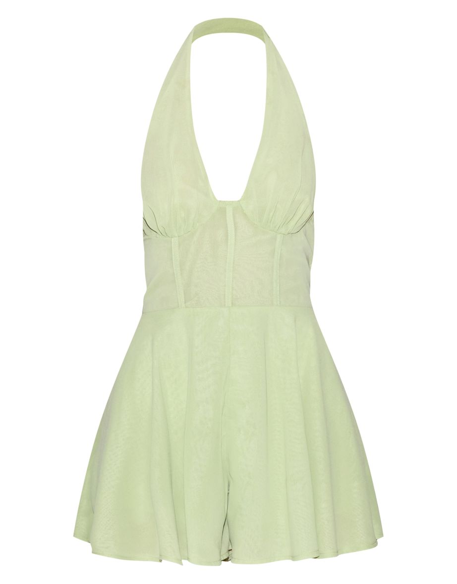 Pale Lime Chiffon Halterneck Corset Detail Skort Playsuit - 4
