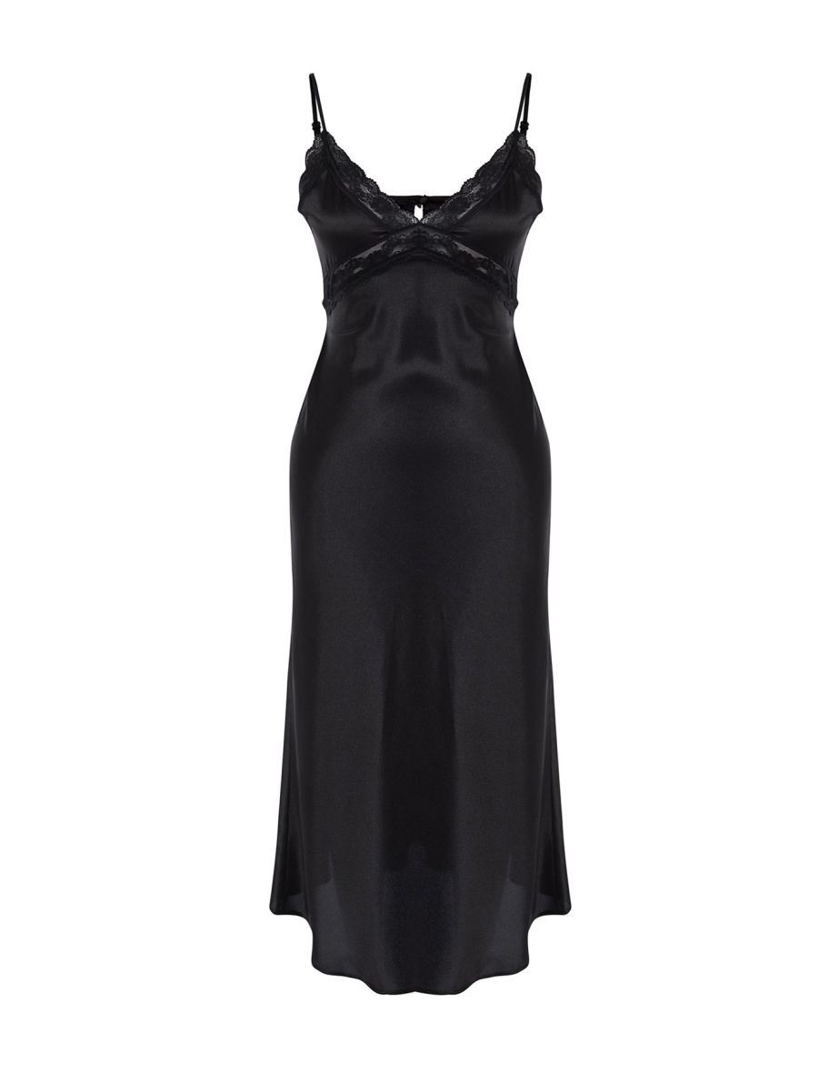 Black Lace Detailed Rope Strap Satin Woven Nightgown - 6