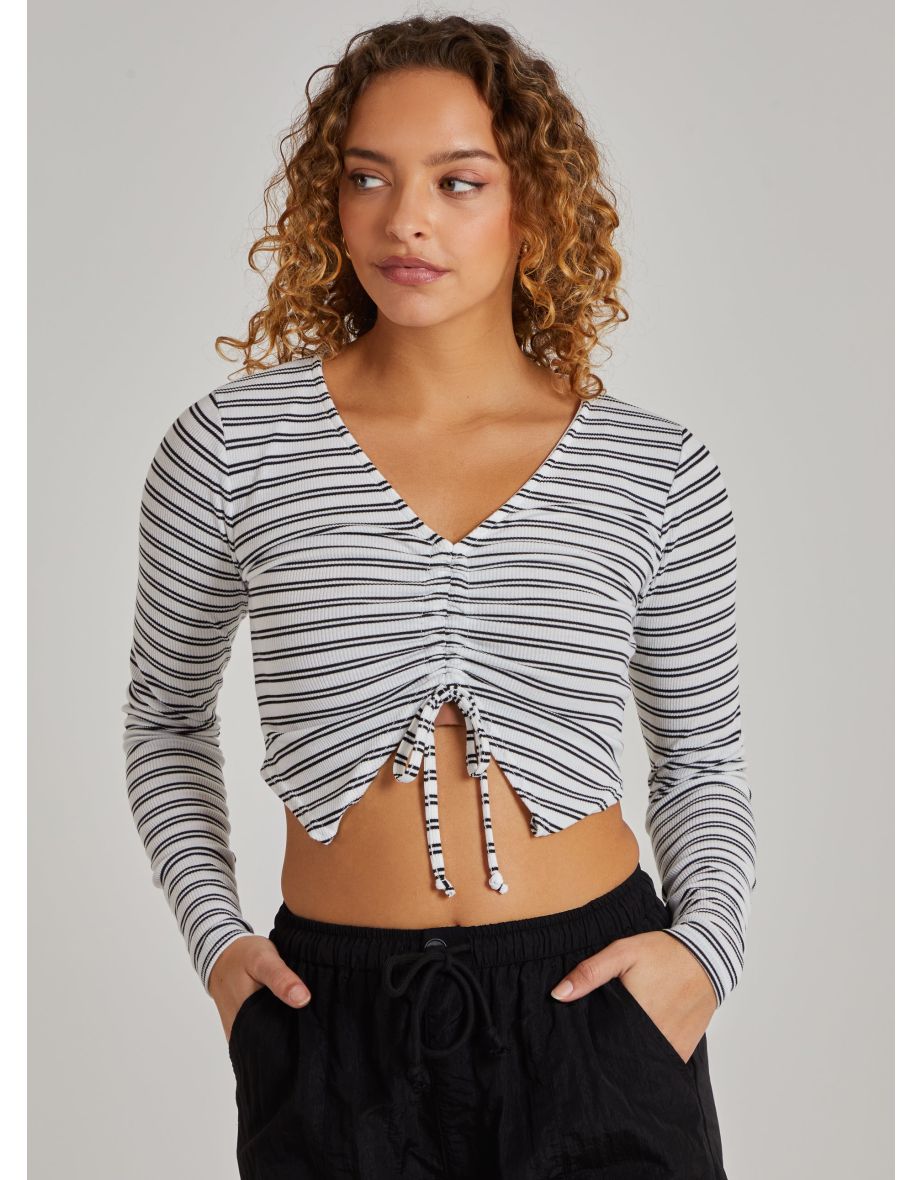 Striped Tie Front Ribbed Crop Top