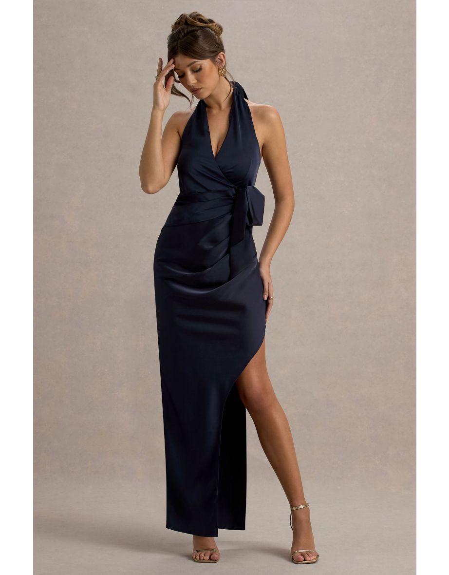 Santorini | Navy Satin Plunge-Neck Wrap Maxi Dress - 6
