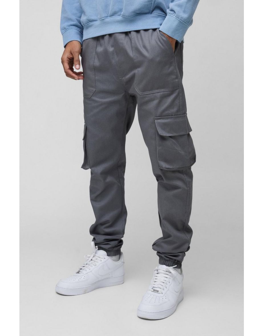 Skinny Fit Elasticated Waist Cuffed Cargo Trousers - charcoal
