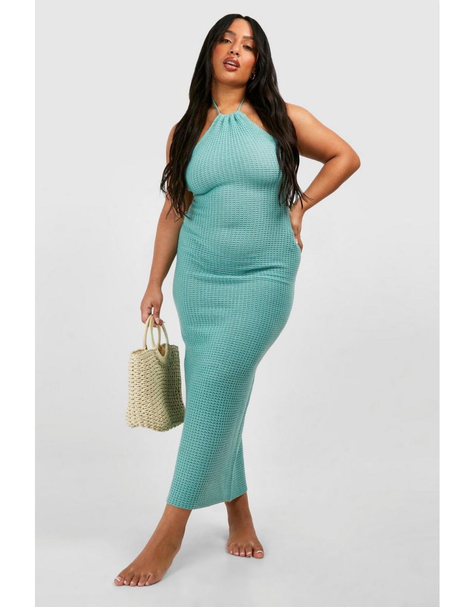 Plus Crochet Halter Maxi Dress - turquoise