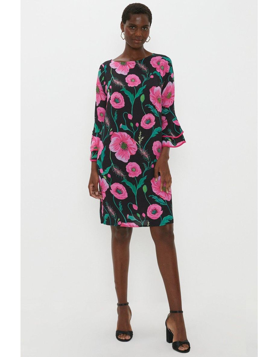 Poppy Print Ruffle Sleeve Shift Dress