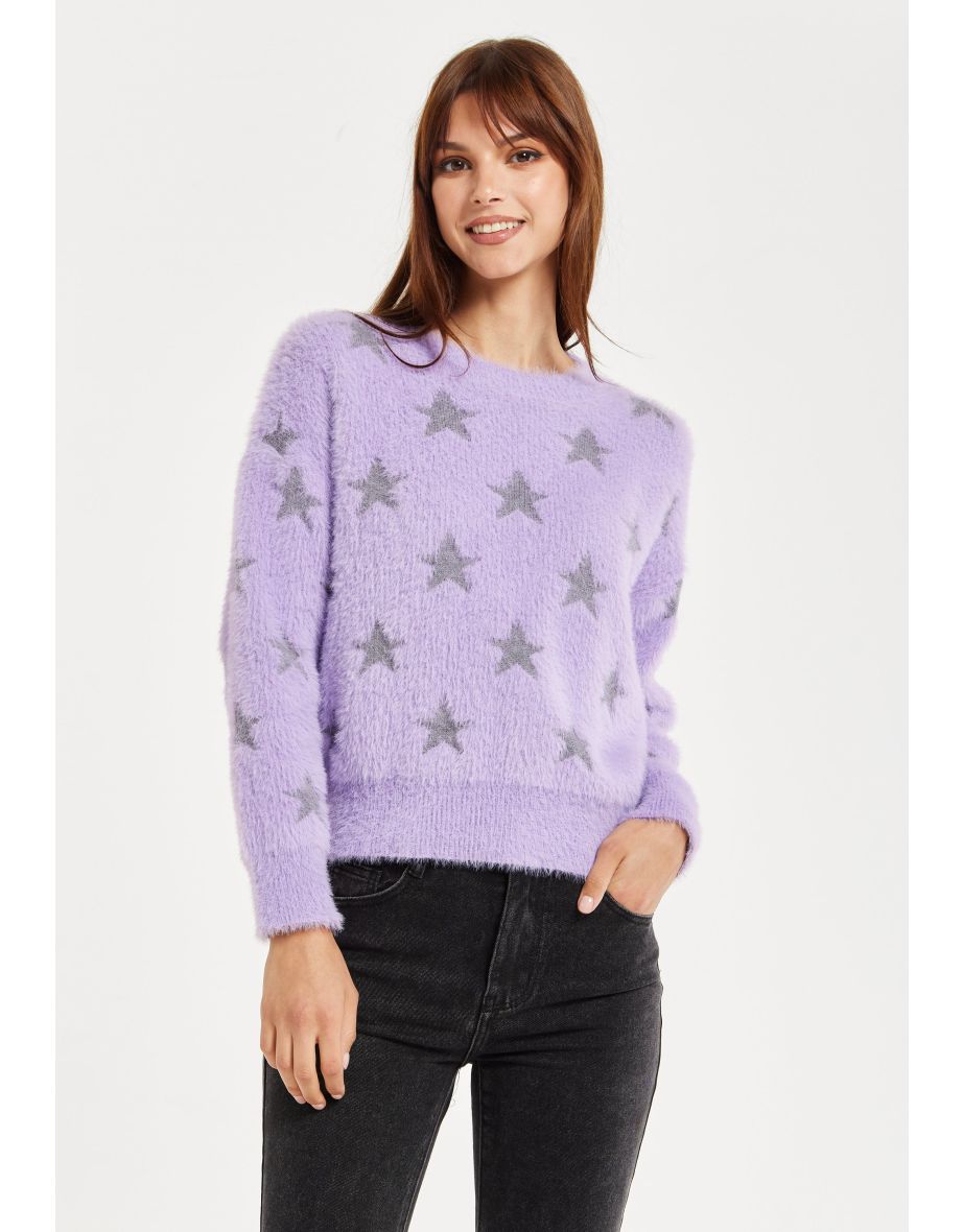 Women’s Jumper in Lilac with Fluffy Grey Star Pattern
