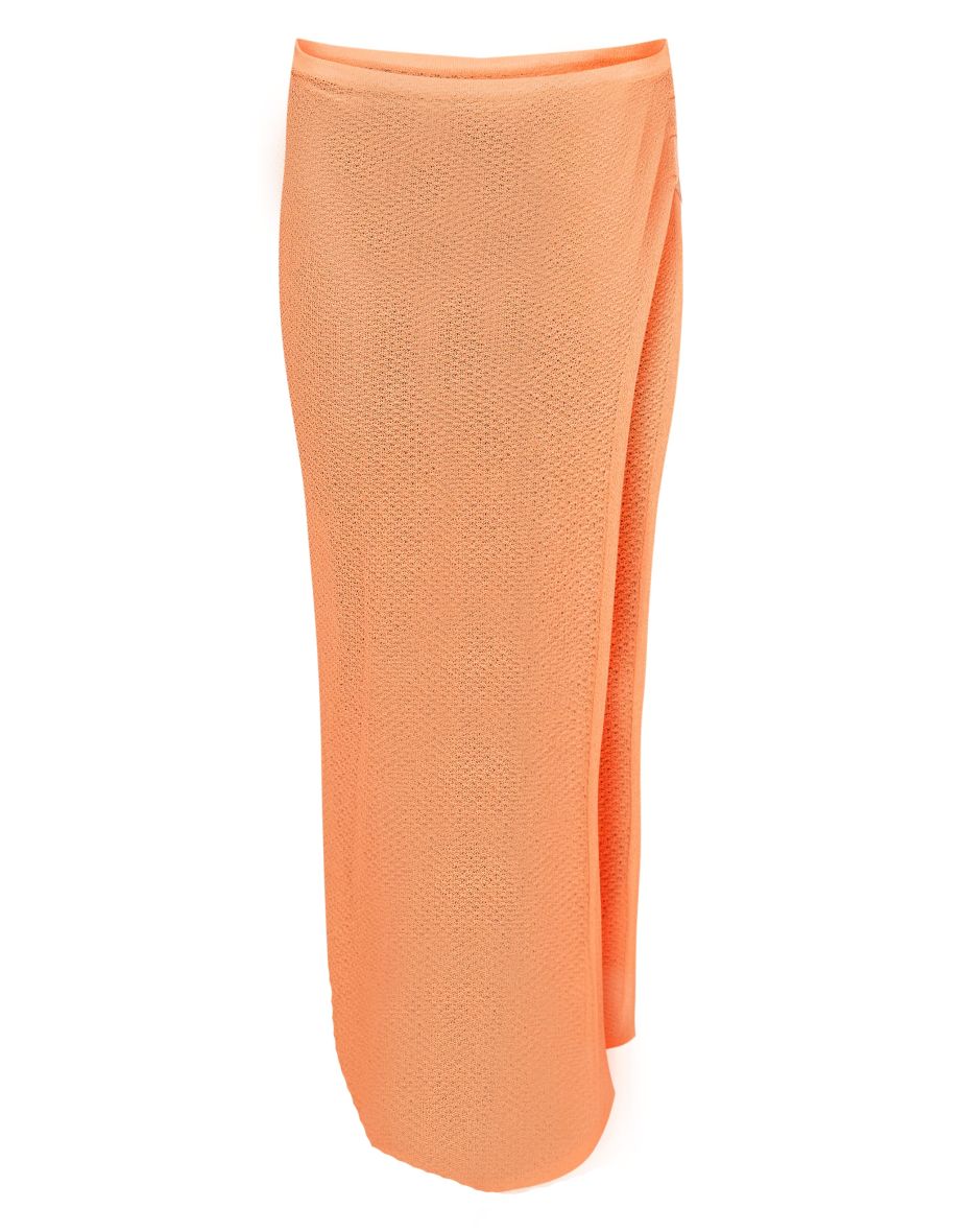 Orange Textured Sheer Knit Ruched Side Maxi Skirt - 4