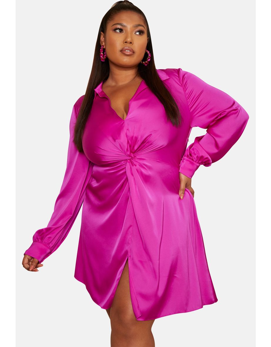 Plus Size Long Sleeve Twist Detail Satin Midi Dress in Purple - 8