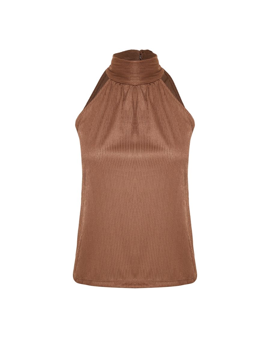 Brown High Collar Regular Fit Pleated Knitted Blouse - 6
