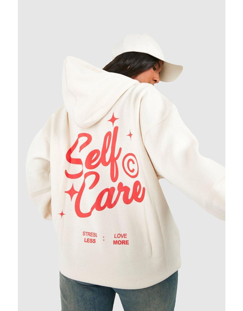 Plus Self Care Slogan Back Print Hoodie - stone - 3