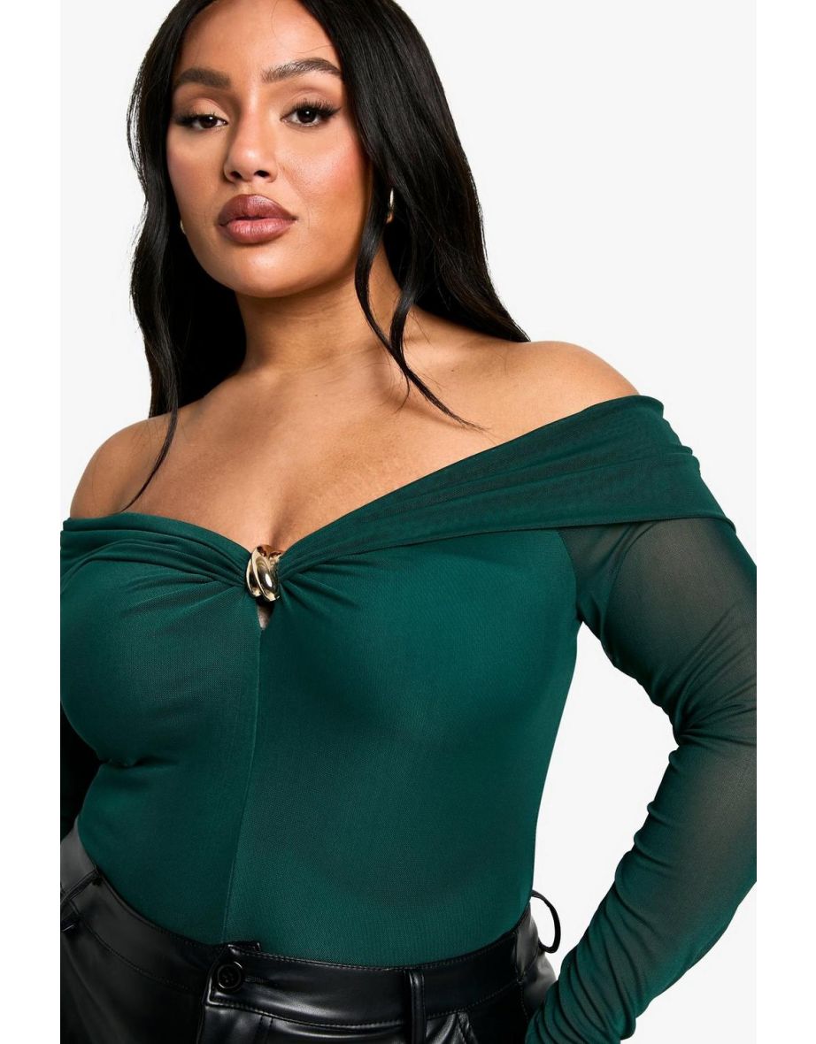 Plus Trim Detail Bardot Stretch Bodysuit - green - 3