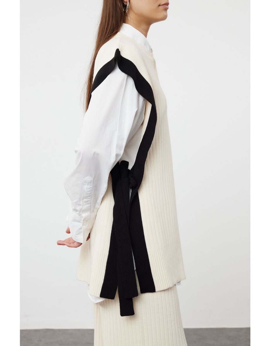 Stone Color Block Slit Detailed Vest-Pants Knitwear Bottom-Top Set - 6