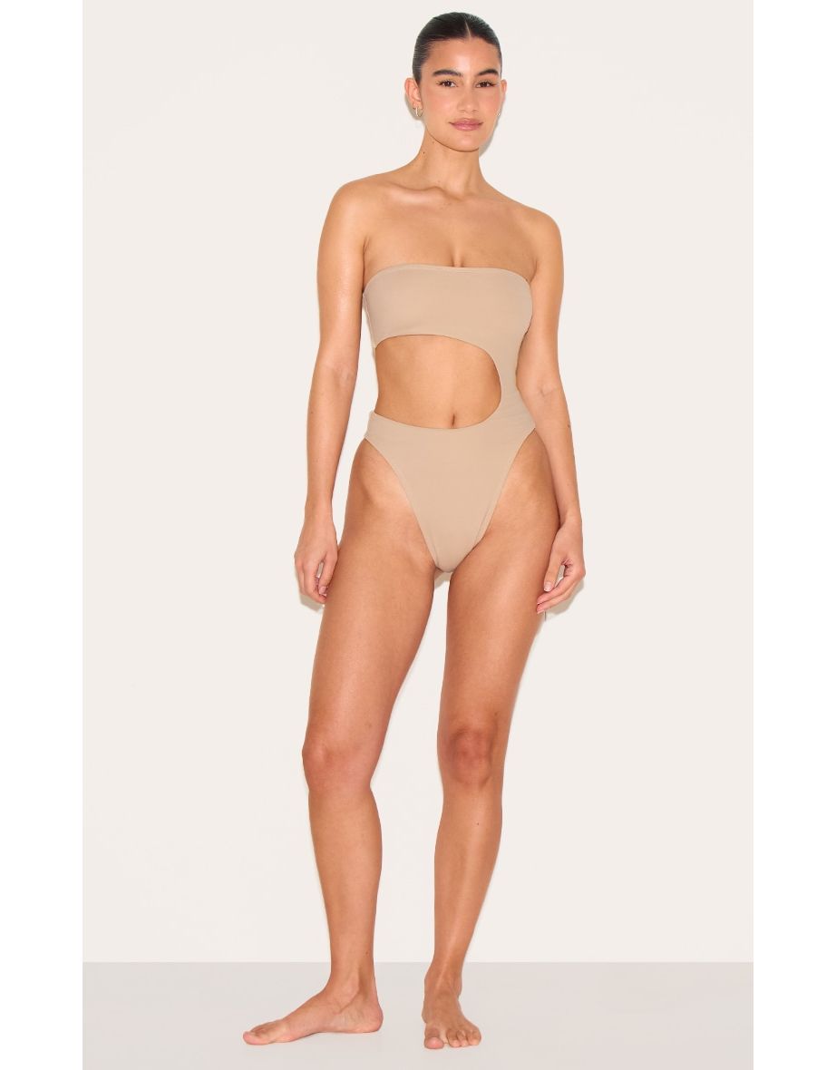 Nude Bandeau Cut Out High Leg Swimsuit