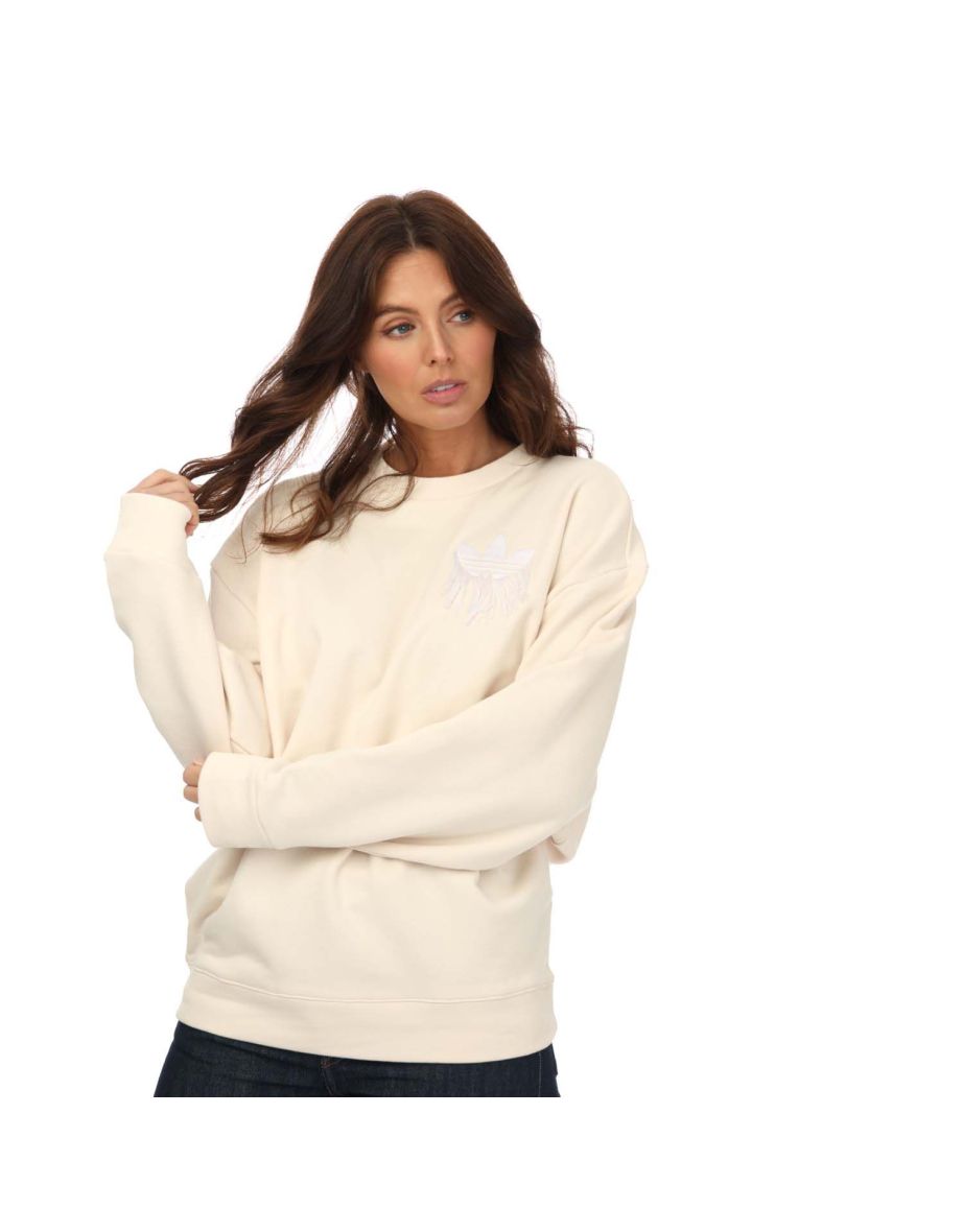 Women's adidas Originals Trefoil Fringe Embroidery Sweatshirt in White - 6