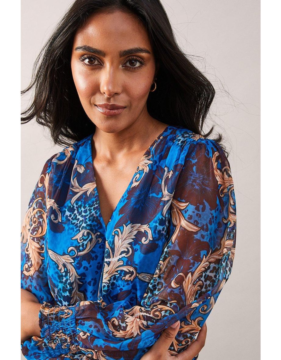 Petite Blue Baroque Wrap Blouse - 3
