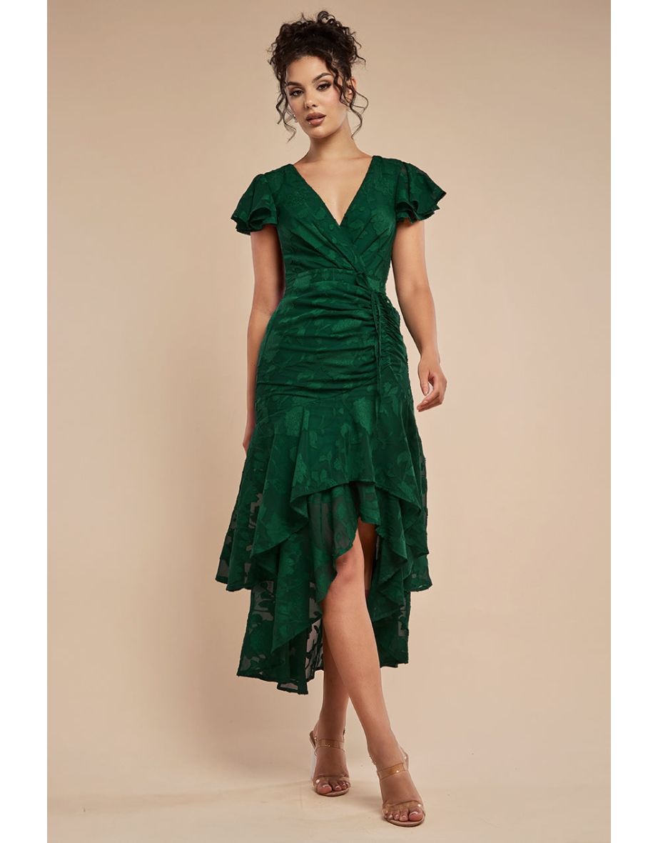 Goddiva Jacquard Chiffon Wrap High Low Midaxi Dress - Emerald Green