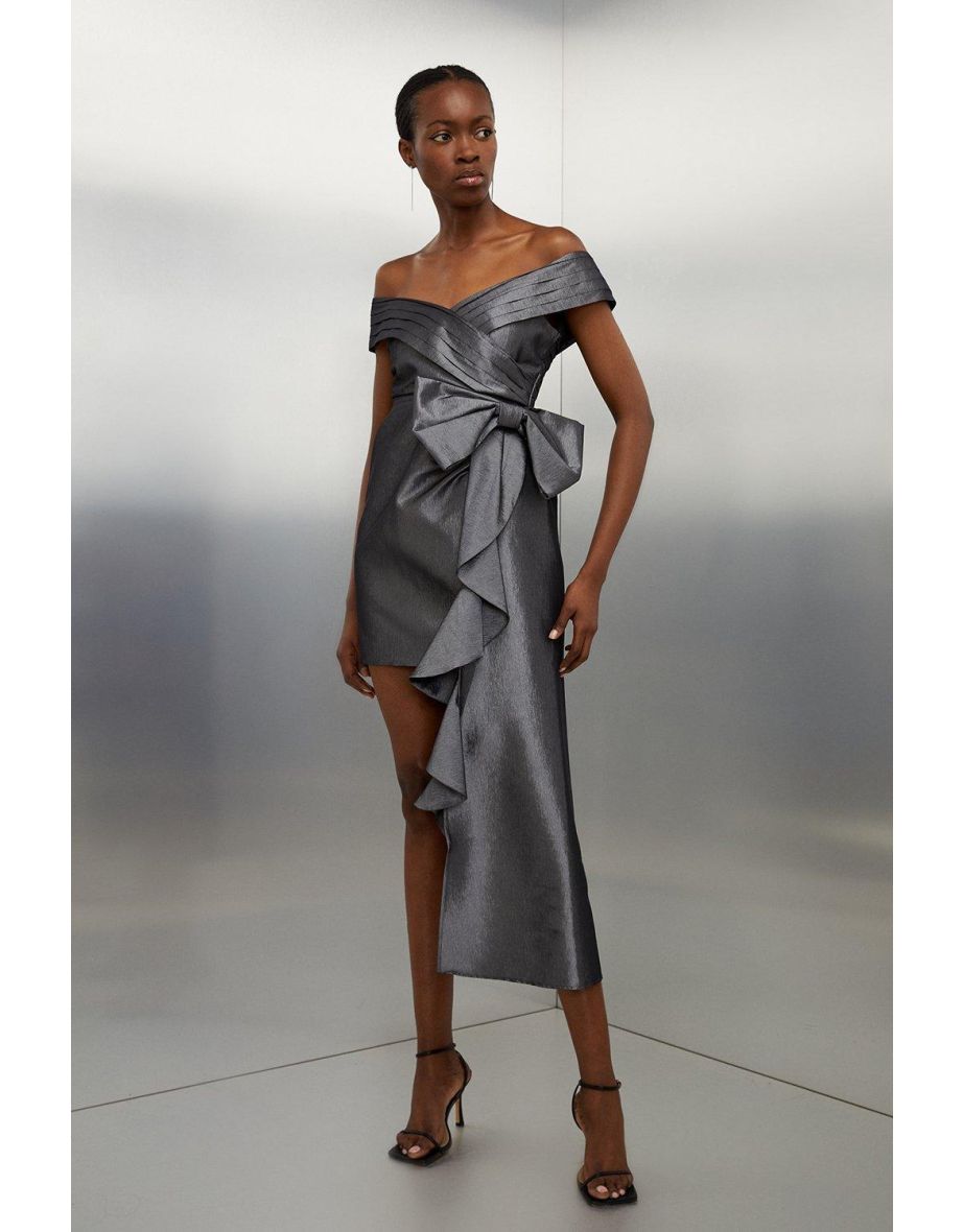 Tailored Off Shoulder Metallic Bow Drape Detail Mini Dress