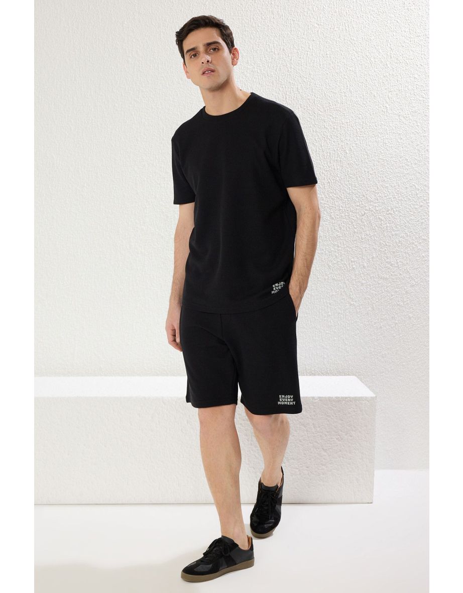 Black Regular Fit Waffle Knitted Shorts Pajama Set