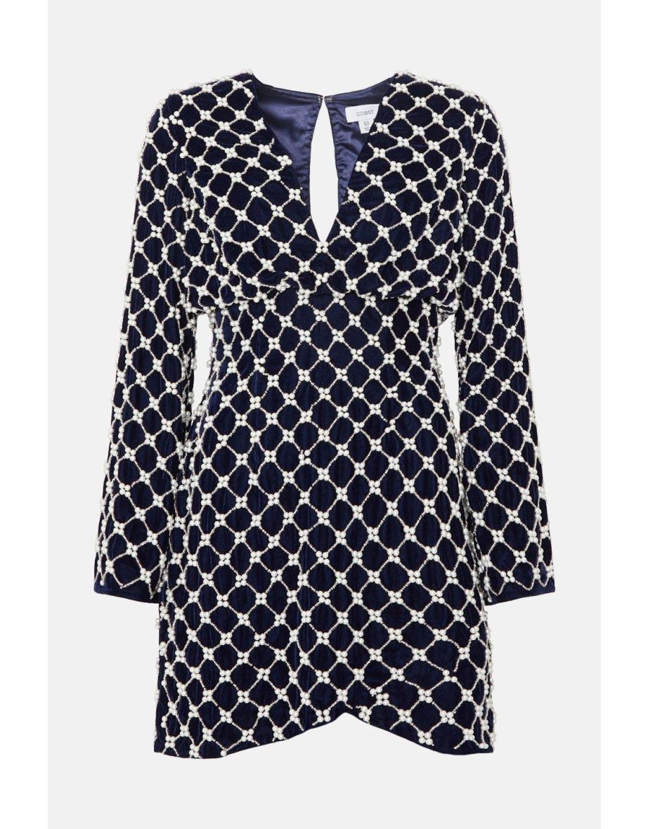 Velvet Pearl Embellished Long Sleeve Mini Dress - 3