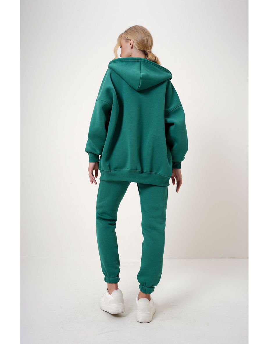 Women's Walnut Green Hooded Kangaroo Pocket 3 Yarn Inside Raised Tracksuit - 5