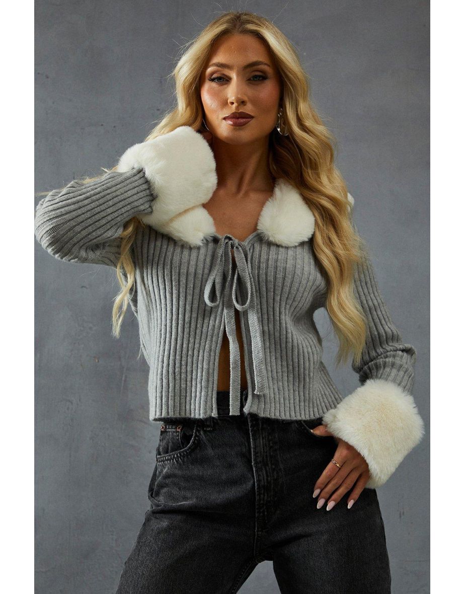 Knitted Rib Fur Trim Tie Detail Front Jumper