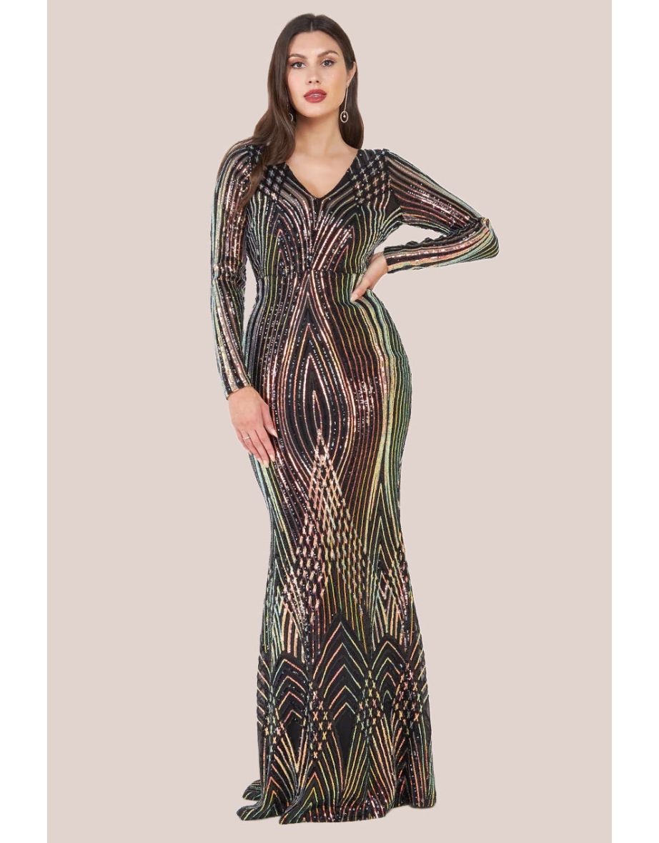 Goddiva Two Toned V Neck Sequin Maxi - Black