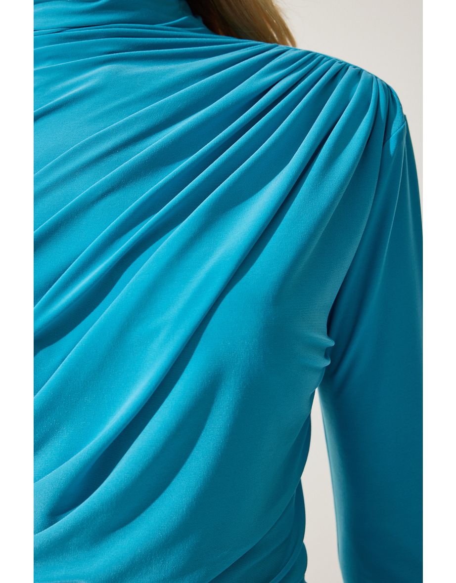 Women's Turquoise Gathered Detailed High Neck Sandy Blouse - 3