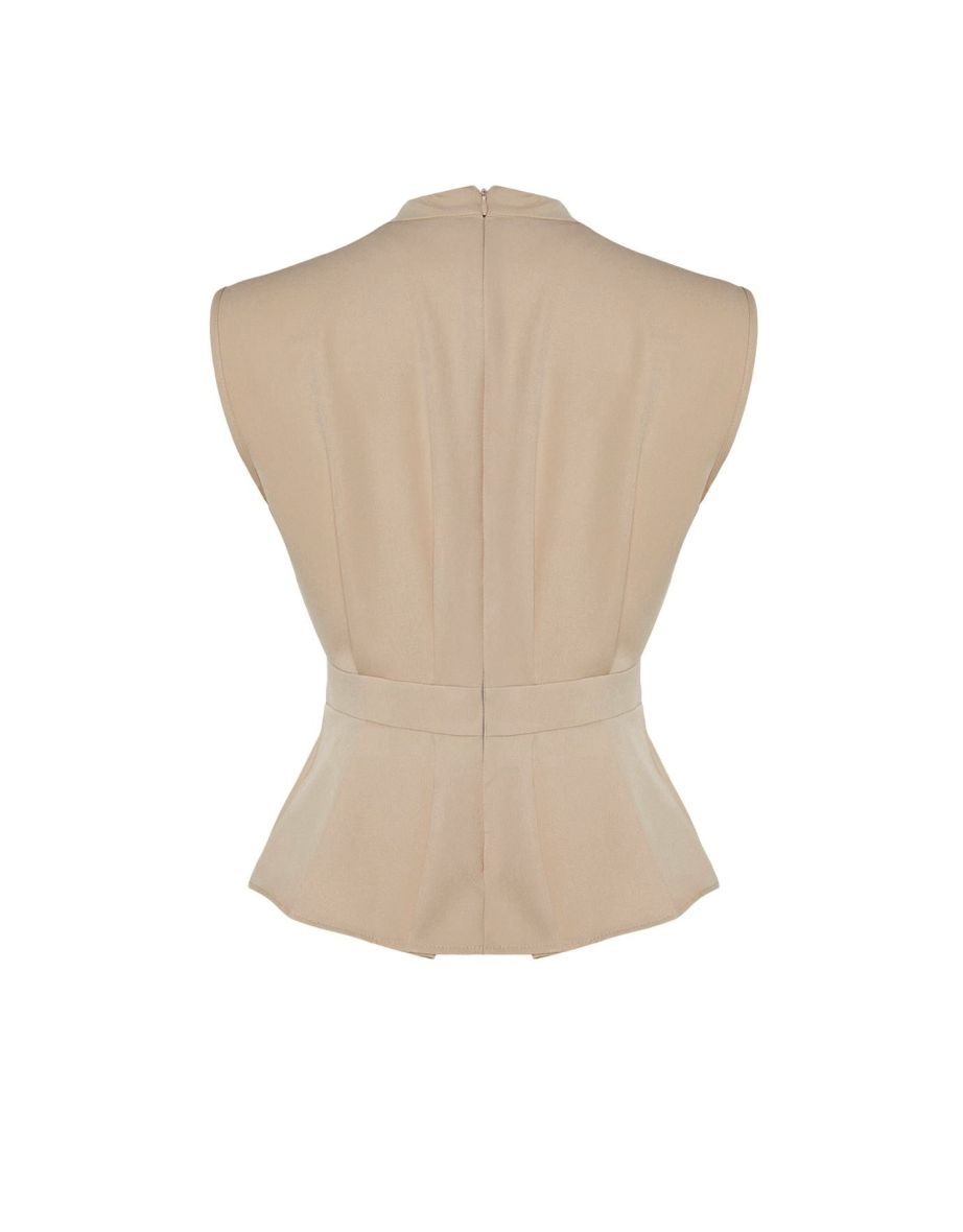 Beige Woven Crew Neck Sleeveless Blouse - 7