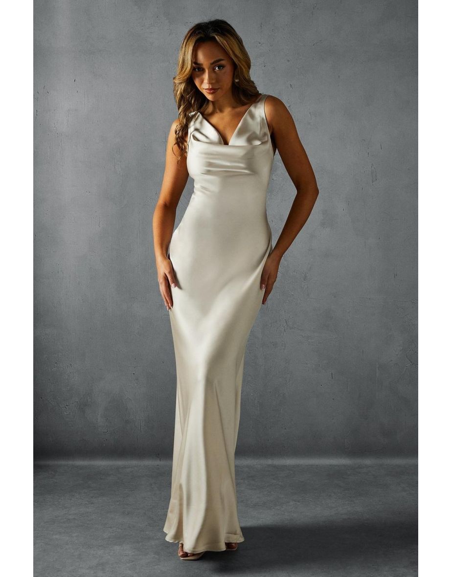Premium Satin Cowl Neck Fishtail Maxi Dress