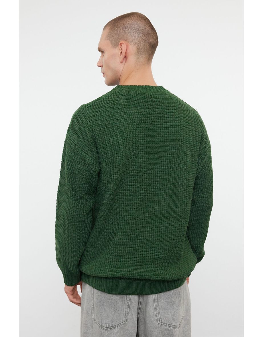 Khaki FL Men's Oversize Crew Neck Textured Knitwear Sweater - 3