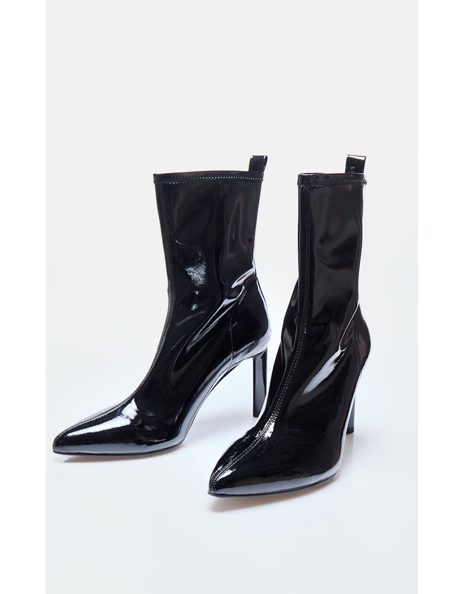 Black Patent PU High Stiletto Heeled Sock Boots - 3
