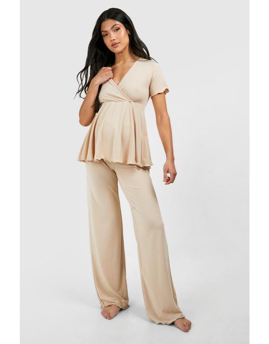 Maternity Rib Peplum Top Wide Leg Lounge Set - stone