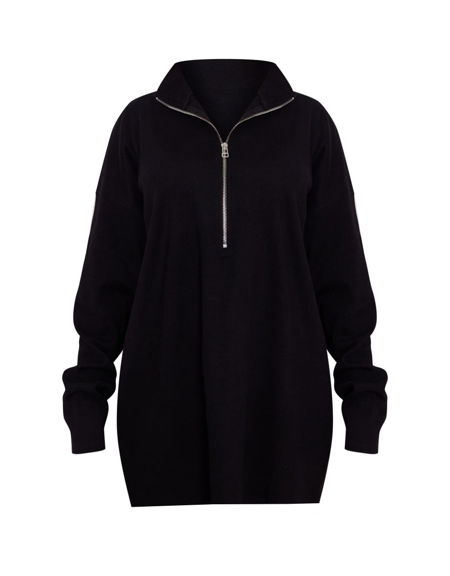 Black Ribbed Half Zip High Neck Zip Jumper Dress - 4