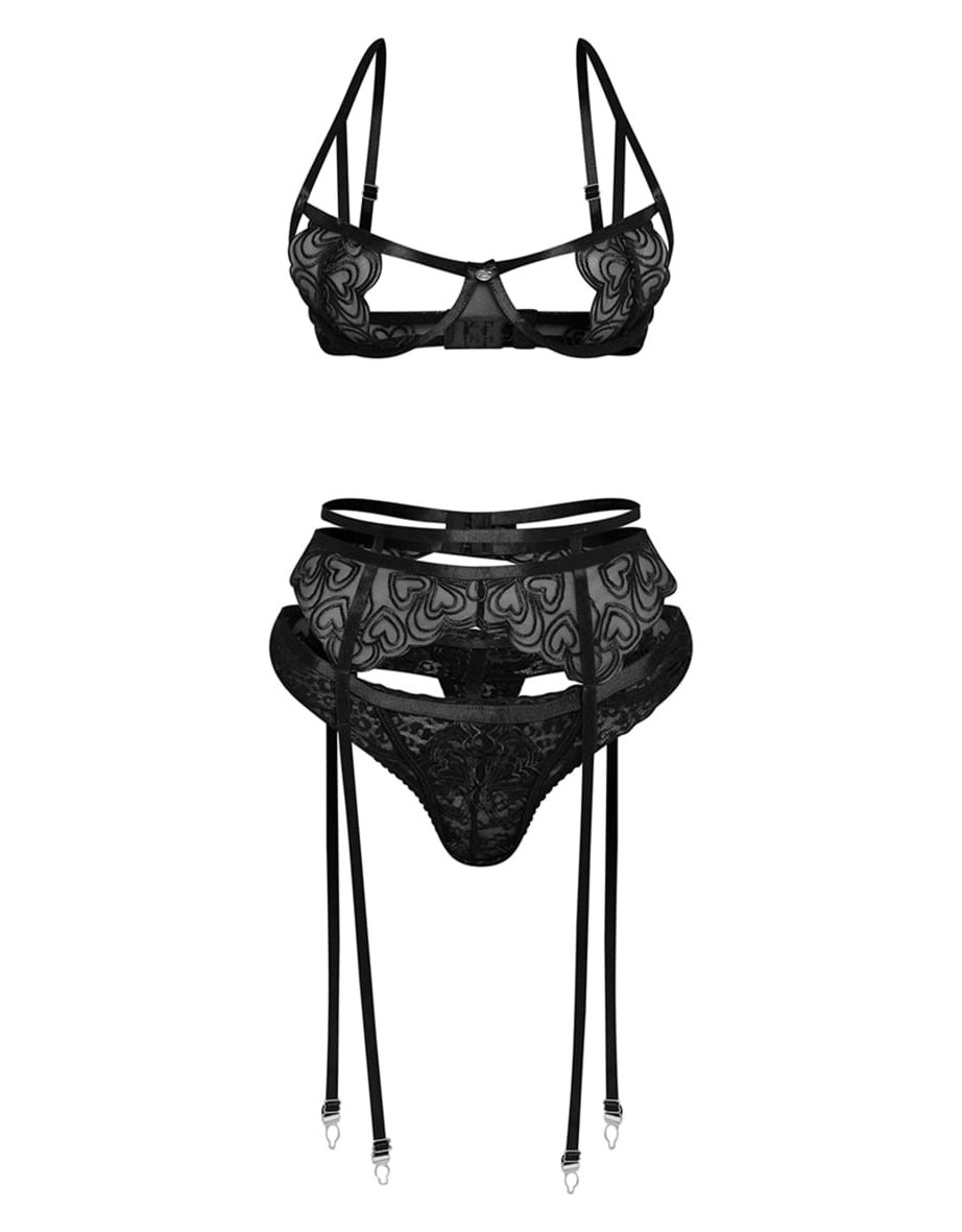 Black Heart Embroidered Lace 3 Piece Lingerie Set - 2