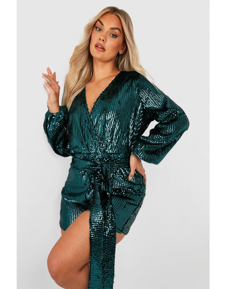 Plus Velvet Sequin Tie Waist Playsuit - evergreen