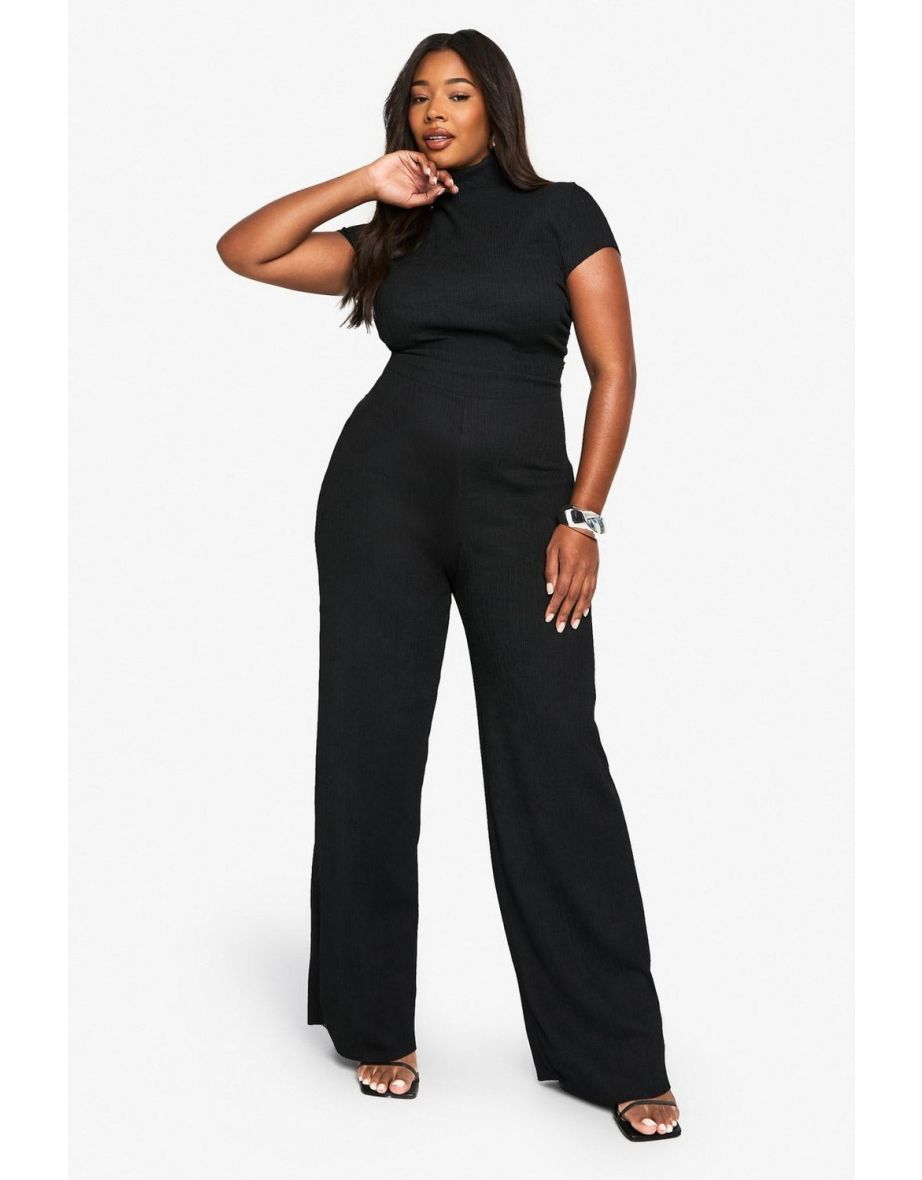 plus ripple texture high neck jumpsuit - black