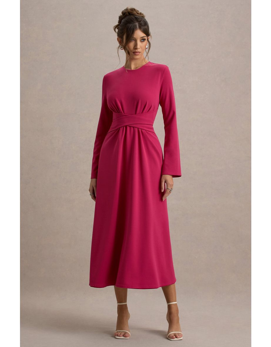 Cassiopeia | Hot Pink Long-Sleeve Midi Dress With Cross Waist