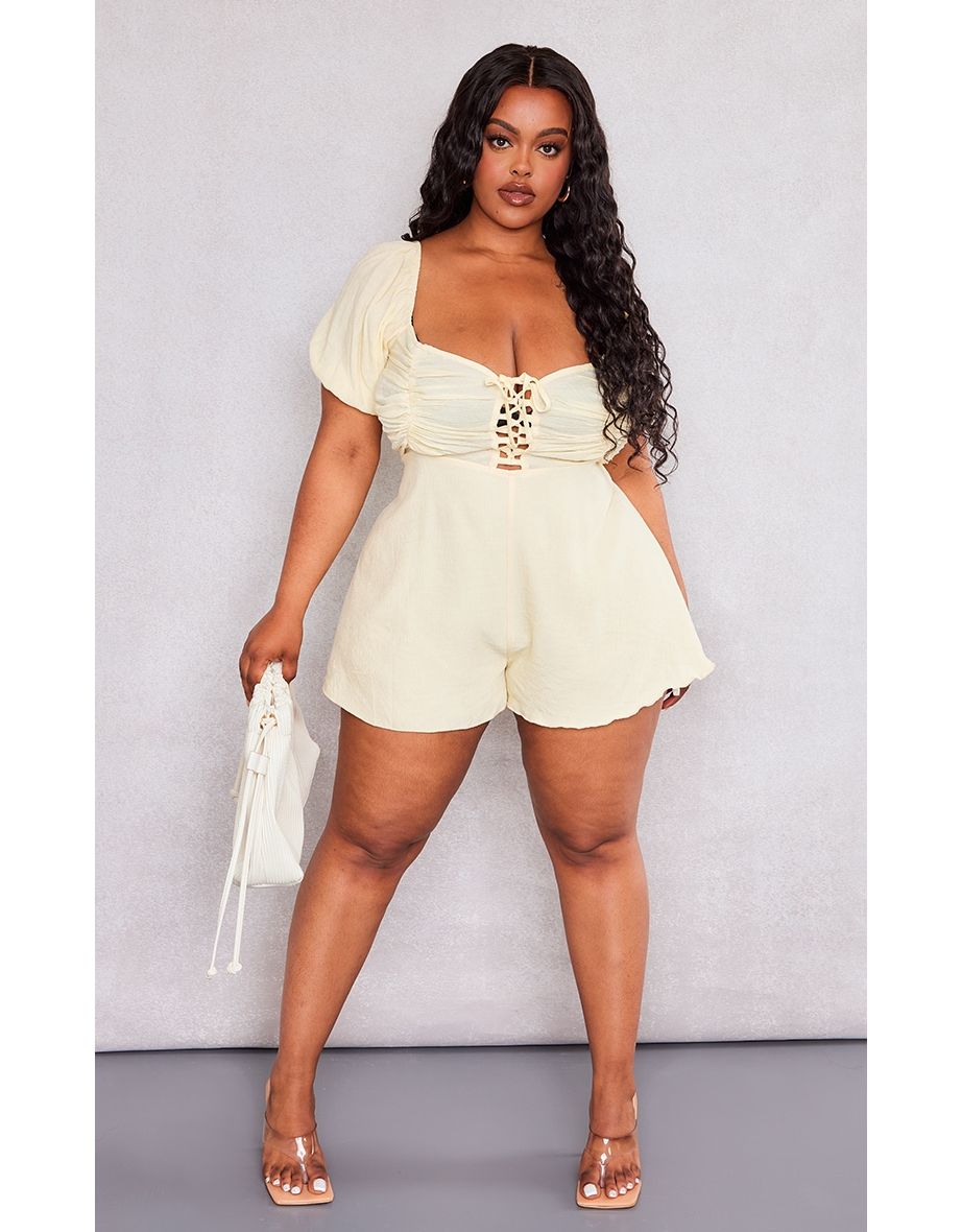 Shop Plus Cream Textured Lace Up Playsuit Online in Qatar VogaCloset