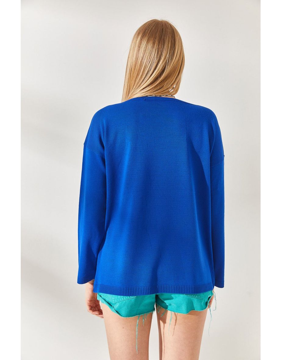 Saxe Blue V Neck Loose Knitwear Blouse - 4