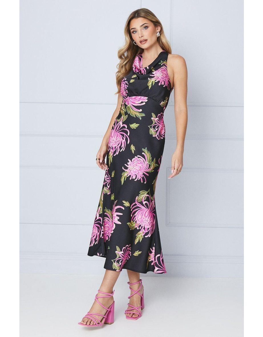 Occasion Petite Floral Satin Cross Back Midi Dress