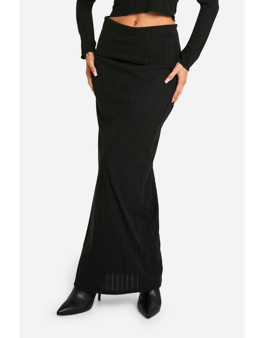 Brushed Rib Fold Over Waistband Maxi Skirt - black - 3