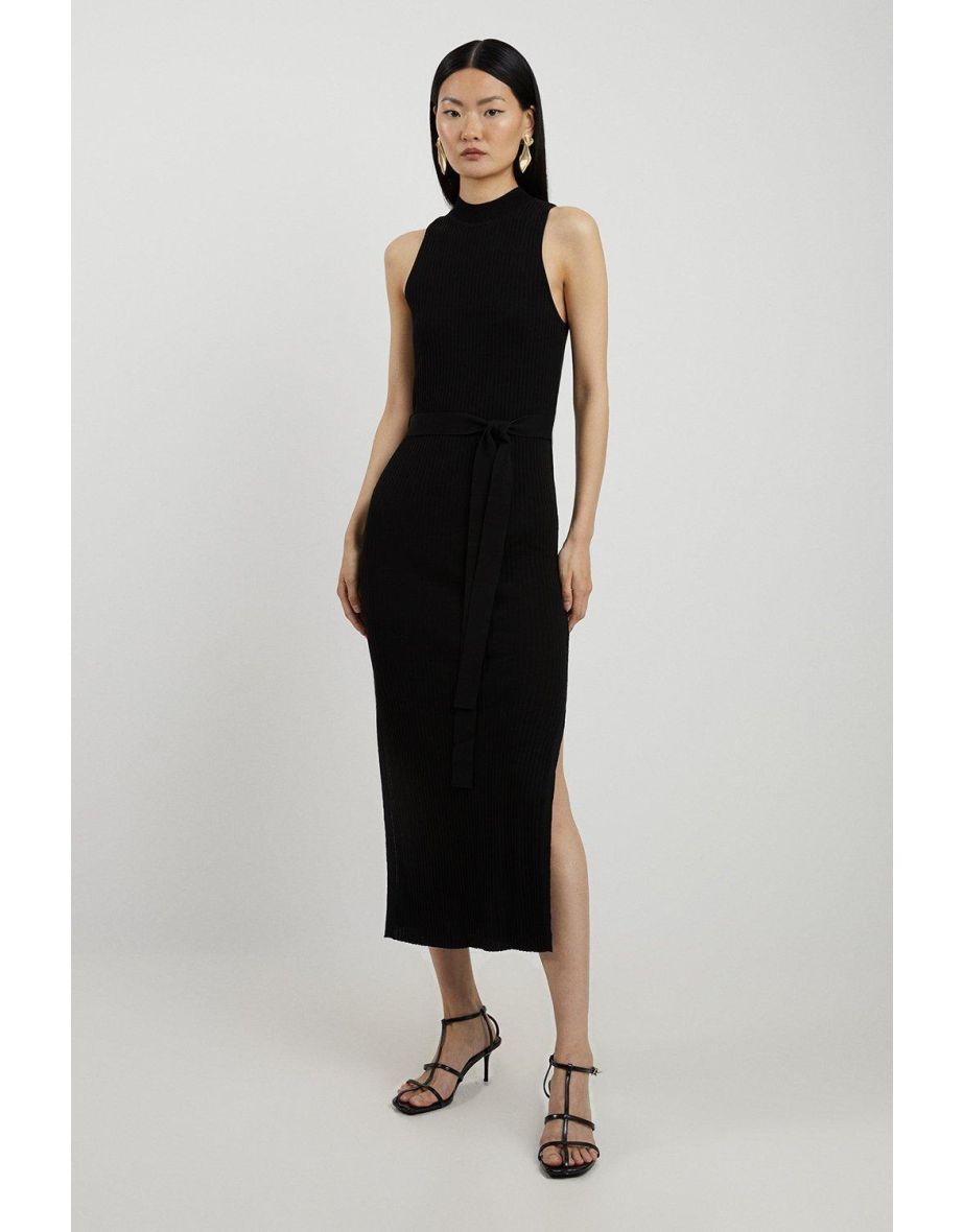 Tall Cotton Blend Belted Knit Racer Midi Dress