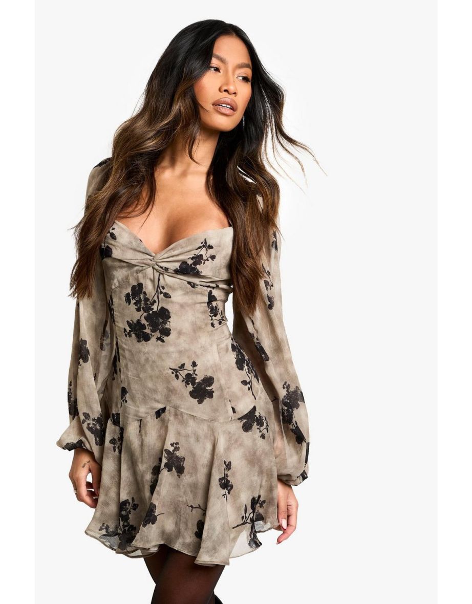 Floral Long Sleeve Mini Skater Dress