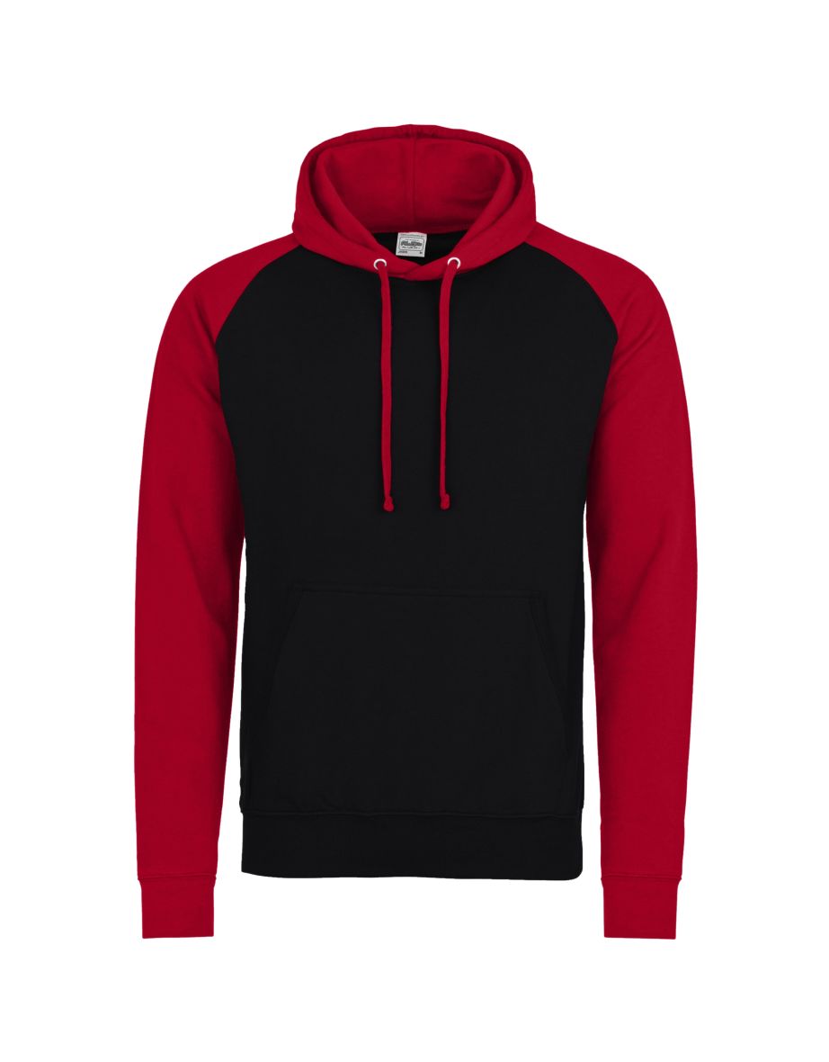 Awdis Just Hoods Adults Unisex Two Tone Hooded Baseball Sweatshirt/Hoodie - Jet Black/Fire Red